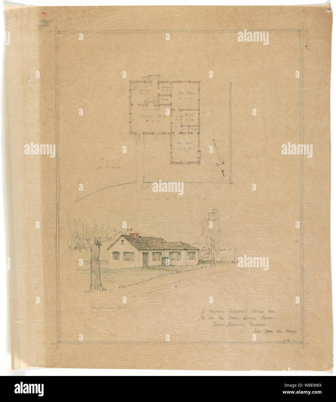 Gärtner' Ferienhaus für Herrn und Frau Harry Gantz (Montecito, Kalifornien). Plan und Rendering] / James Osborne Craig, Architekt Abstract / Medium: 1 Zeichnung: Graphit und Farbe Bleistift auf Transparentpapier, 53 x 48 cm. Stockfoto