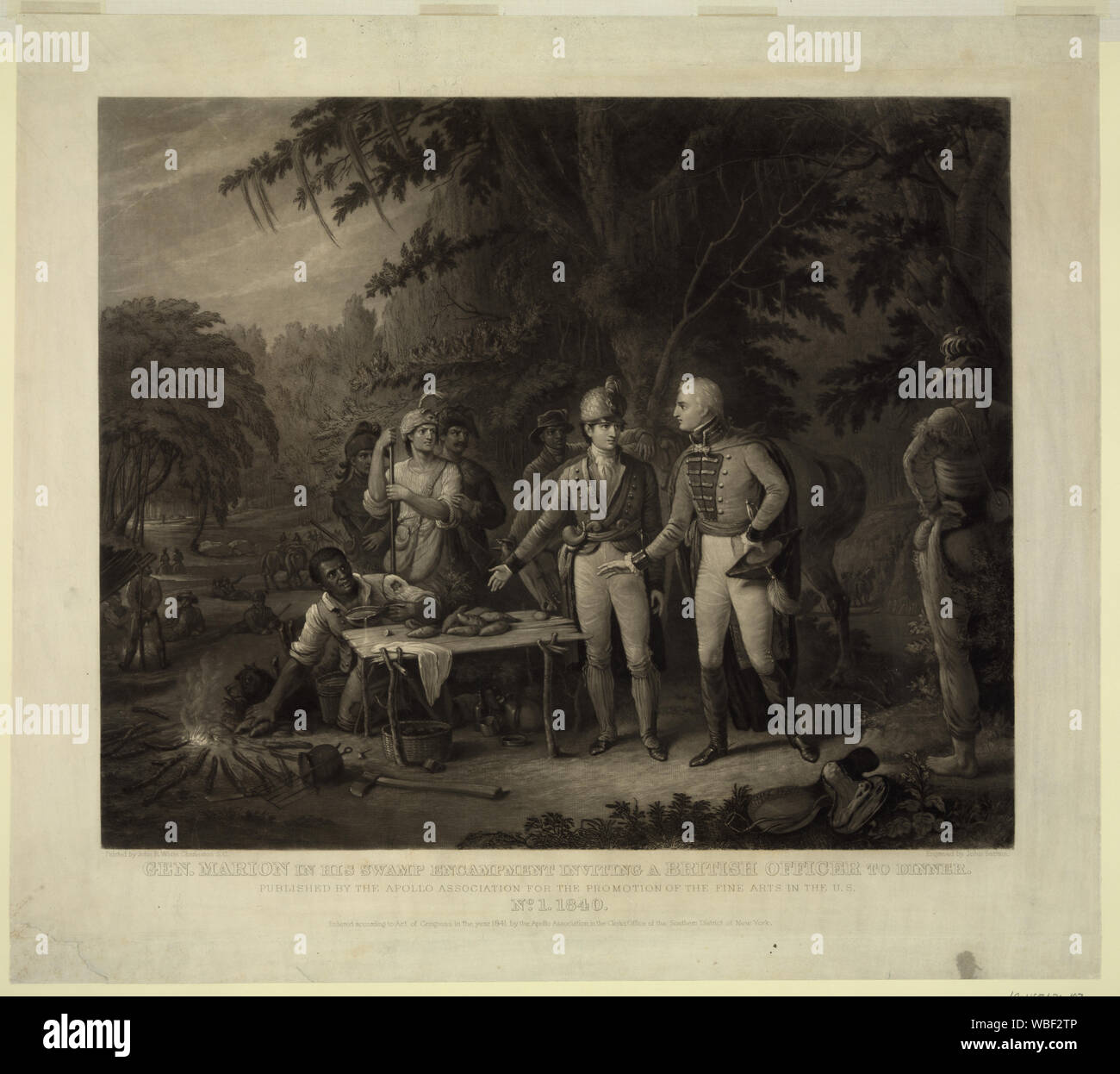 Gen. Marion in seinem Sumpf encampment Einladen eines britischen Offiziers zum Abendessen/von John B. Weiß lackiert; Gestochen von John sartain. Abstract / Medium: 1 Print: MEZZOTINT. Stockfoto