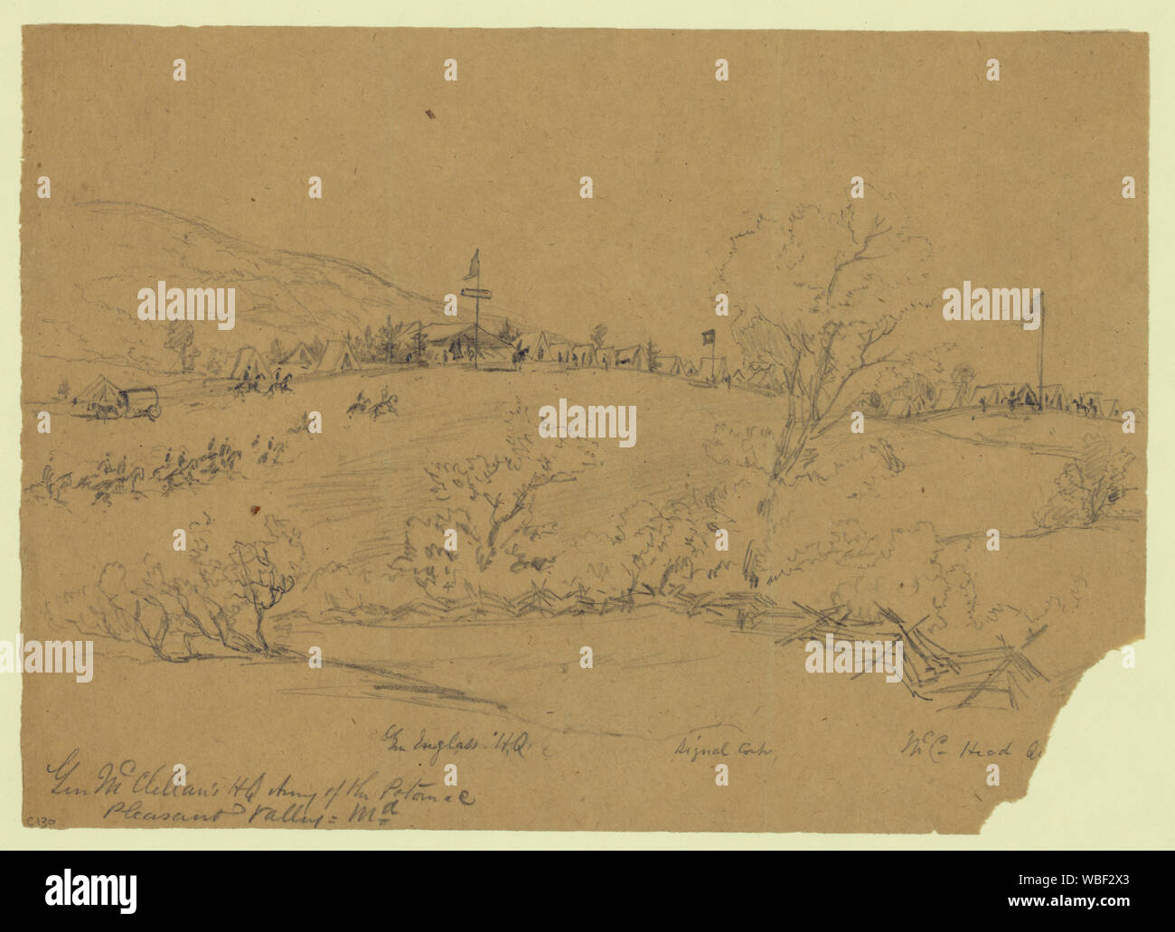 Gen McClellan's HQ Armee des Potomac, Pleasant Valley, Md. Abstract / Medium: 1 Zeichnung: Bleistift auf braunem Papier; 16 x 22,4 cm. (Blatt). Stockfoto