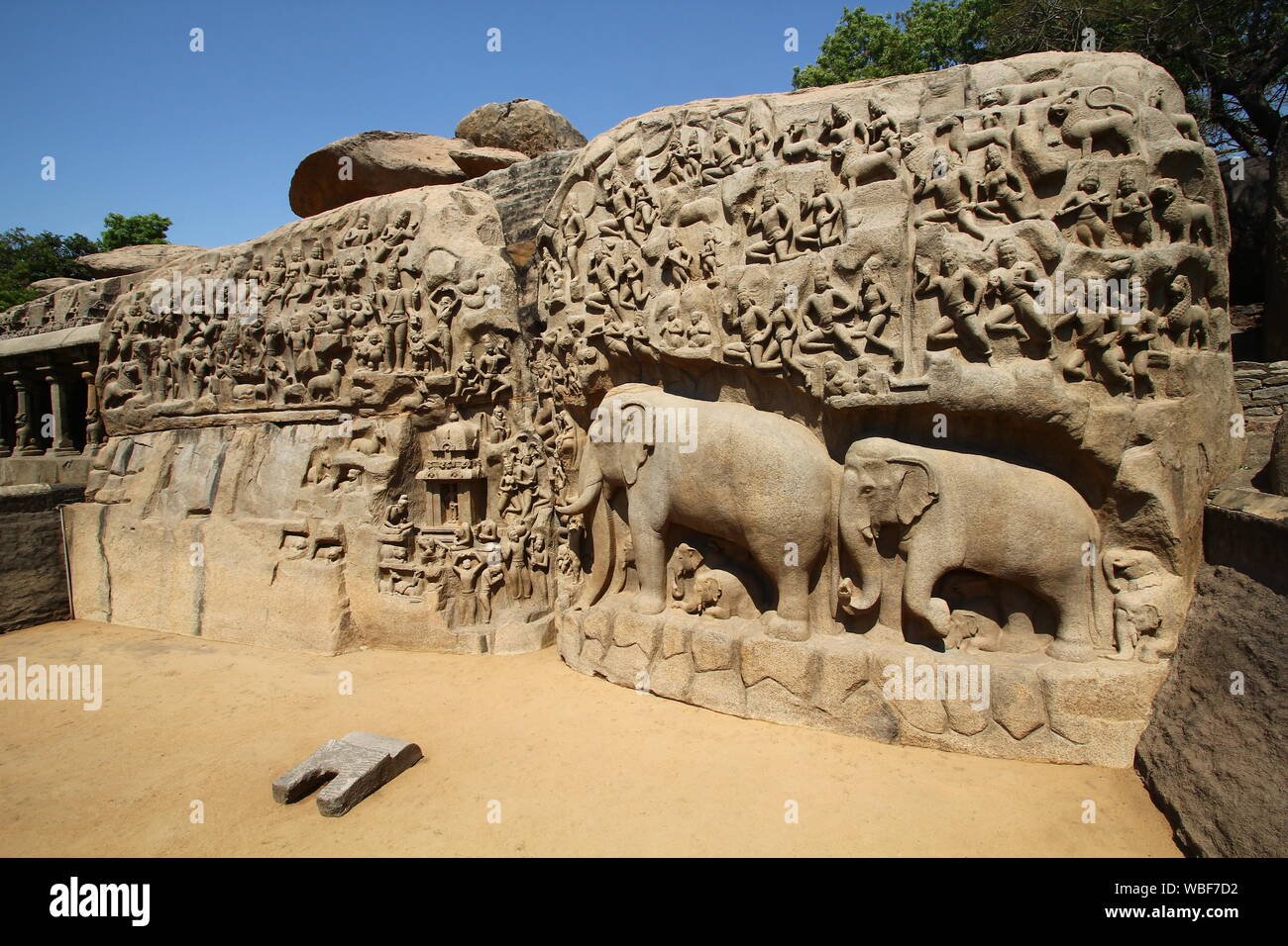 Arjunas Buße, Bas-Relief, Mamallapuram, Tamil Nadu, Indien Stockfoto