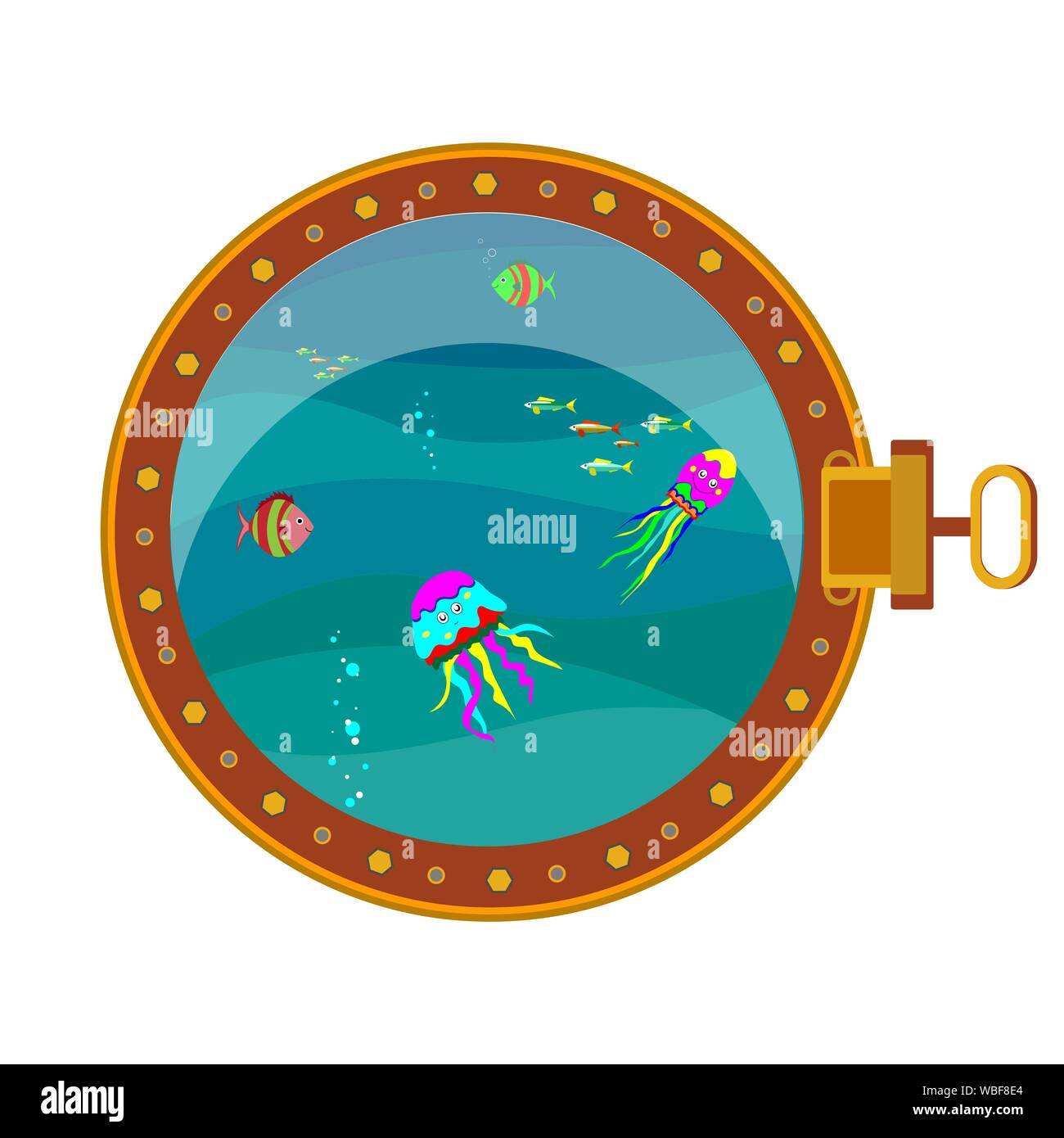 Bullauge. Blick auf die Unterwasserwelt aus dem Bullauge. Isolierte Hintergrund. Vector Illustration Stock Vektor