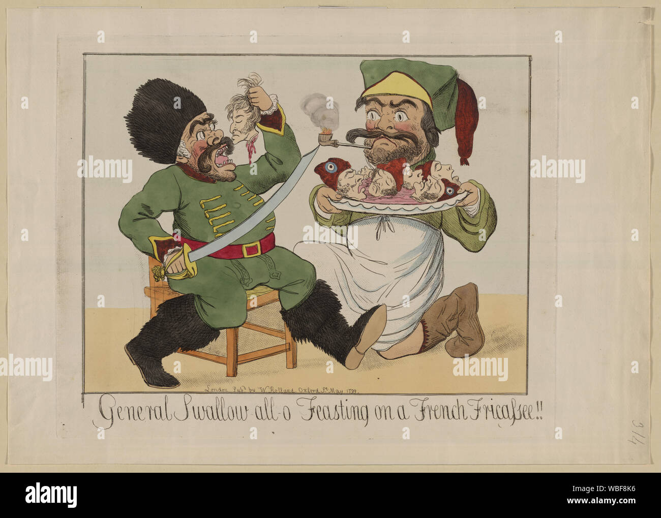 Allgemeine Schlucken - alle - o Schlemmen auf einem Französischen frikassee!! Zusammenfassung: Drucken zeigt einen gigantischen russischen Soldaten, möglicherweise eine grobe Karikatur von Feldmarschall Alexander Suworow Vasilʹevich, Essen den abgetrennten Kopf eines französischen Soldaten, einem übergroßen Mann, ein Koch, hält eine Schüssel mit mehreren mehr Köpfe; bezieht sich auf die Niederlage der Franzosen in Italien durch russische Truppen unter dem Kommando von Suvorov. Stockfoto
