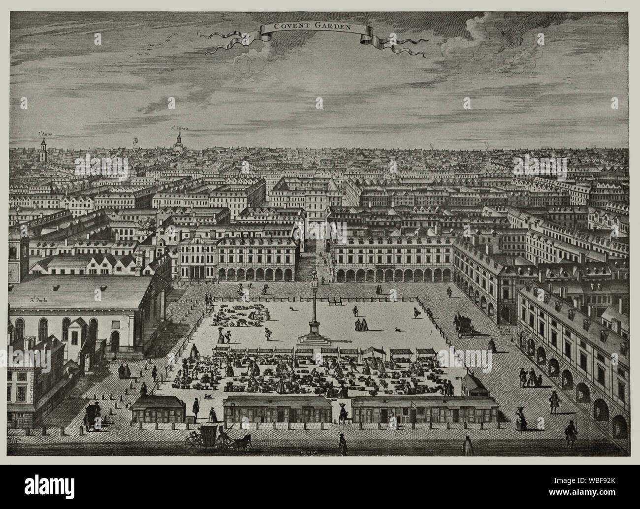 Allgemeine Ansicht von Covent Garden Blick nach Norden, ca. 1720, aus einem Stich von Sutton Nicholls Abstract / Medium: 1 fotomechanischen drucken: halftone. Stockfoto