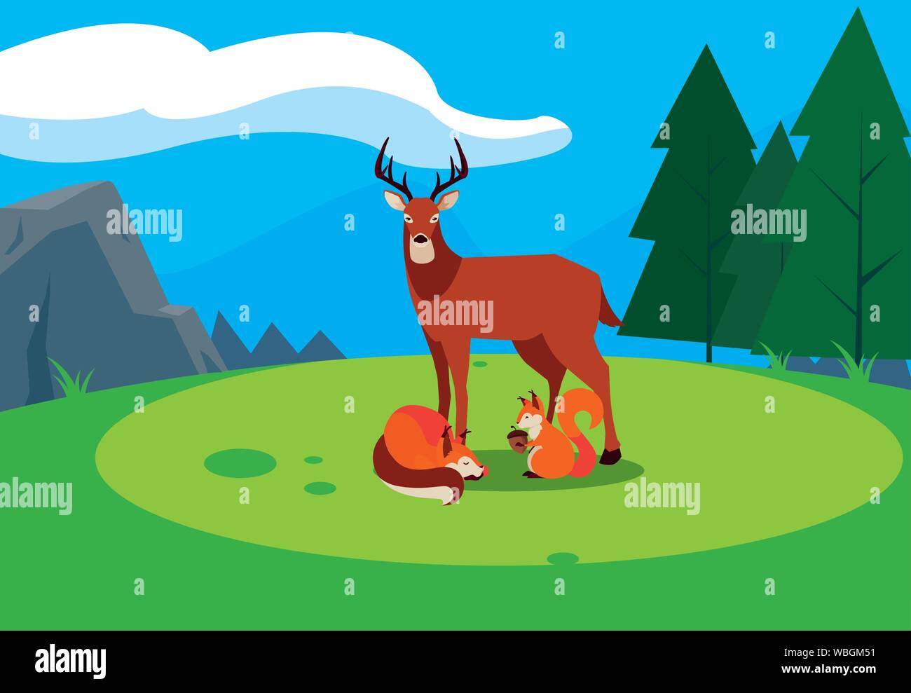 Reh Fuchs und Eichhörnchen happy Herbst Feld Jahreszeit Pinien Vector Illustration Stock Vektor
