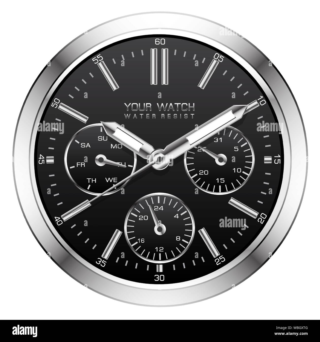 Realistische schwarz silber Uhr Zifferblatt chronograph Luxus auf weißem Hintergrund Vector Illustration. Stock Vektor
