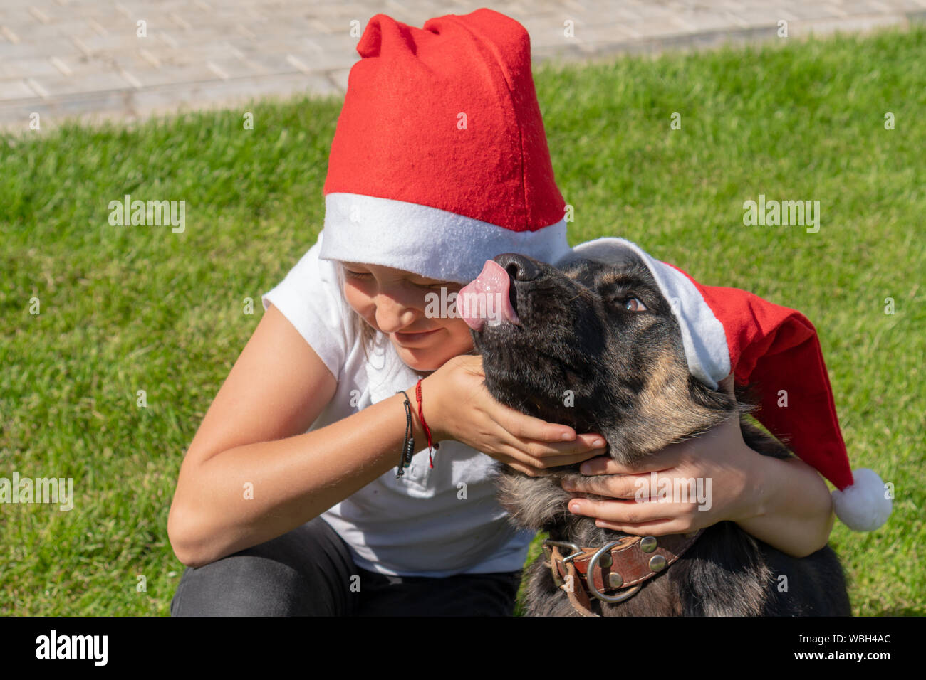 Charmante junge Mädchen in der Weihnachtsmann hat umarmt einen Hund in Santa Claus hat in den Park an einem sonnigen Sommertag. Der Hund leckt sich die Zunge der Wange des c Stockfoto