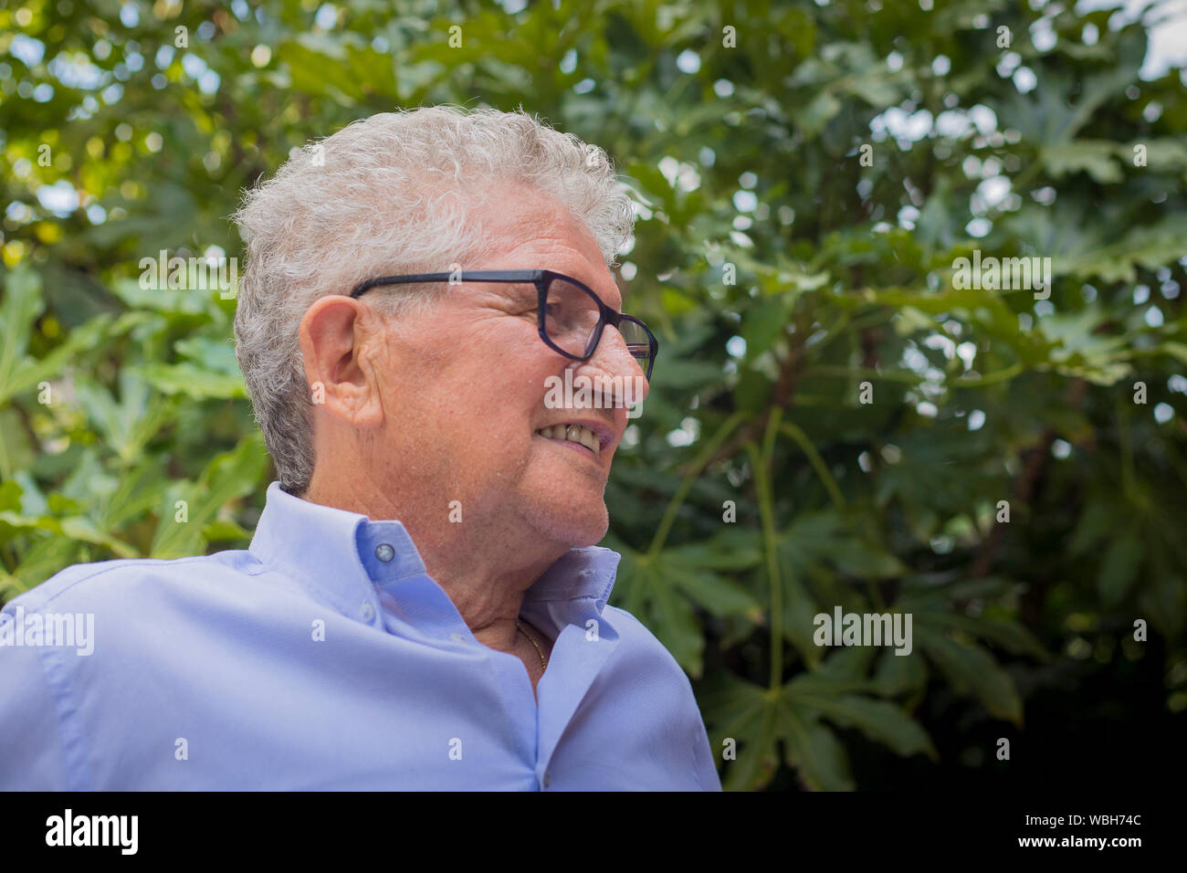 Porträt eines weißen alten Mann mit grauem lockiges Haar und Brille, weg schauen mit lachenden Ausdruck. Stockfoto