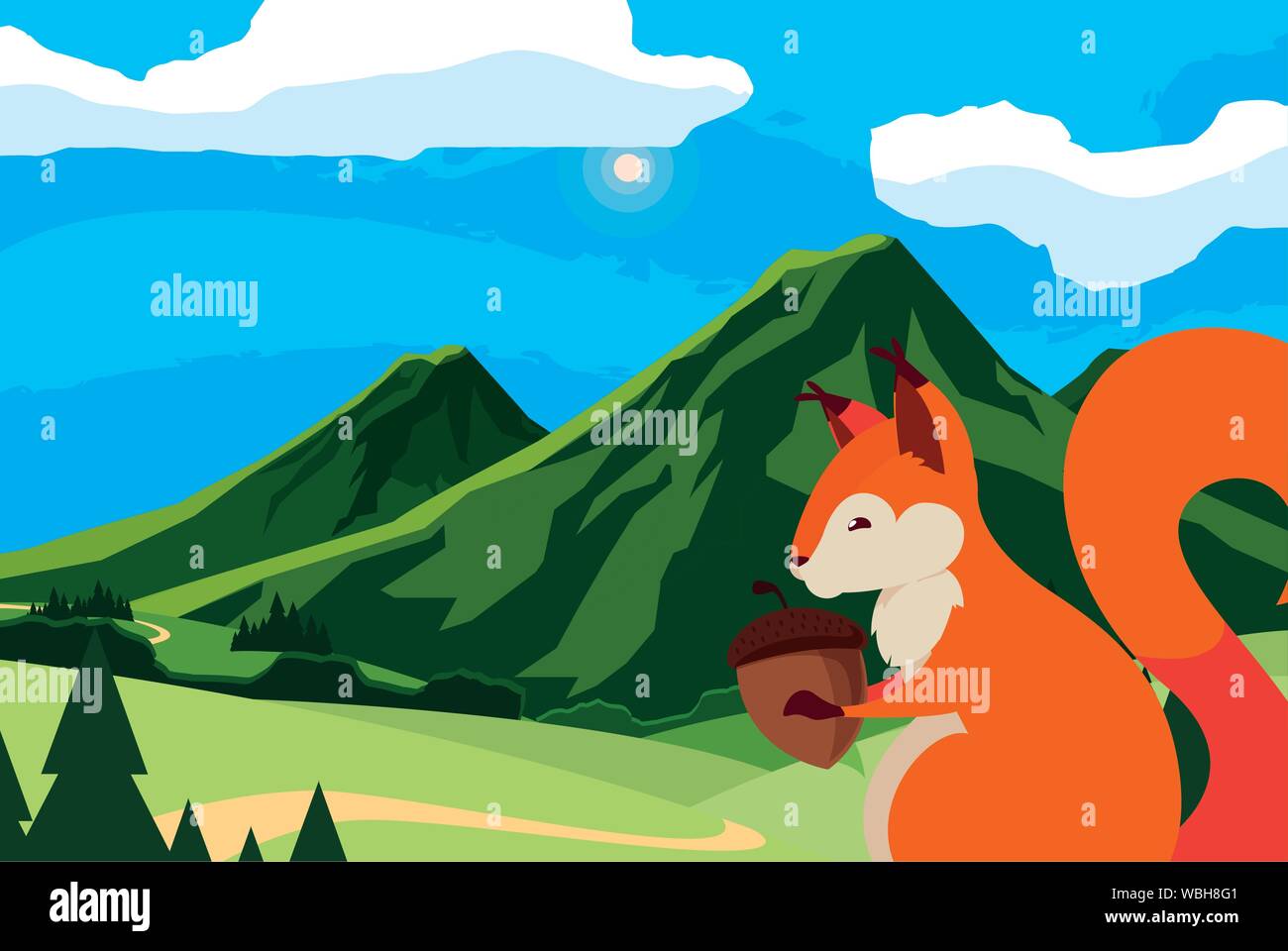 Eichhörnchen acorn happy Herbst Hochland Vector Illustration Stock Vektor