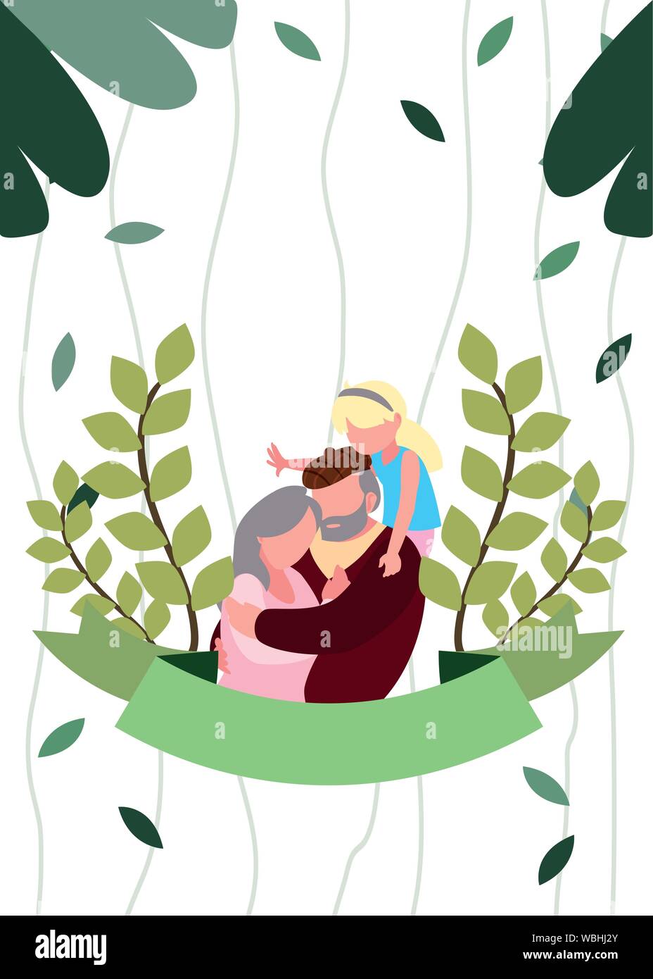 Opa und Oma mit Enkelin umarmen Laub Blätter Ribbon - glückliche Großeltern-Tag Vector Illustration Stock Vektor