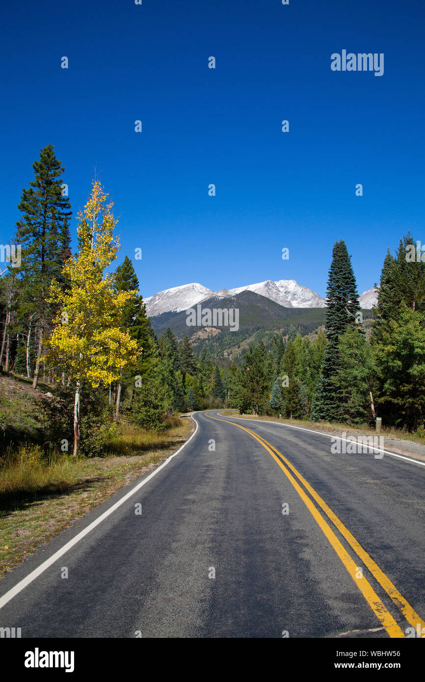 Straße durch Hufeisen Park mit dem mountans von Chiquita und Ypsilon in die Mumie über Rocky Mountain Nationalpark Colorado USA Stockfoto