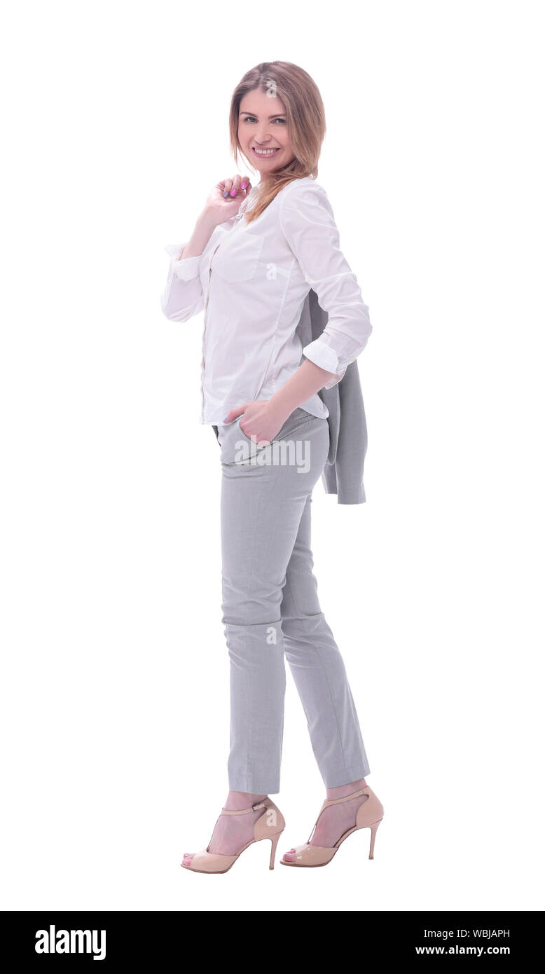 Junge Geschäftsfrau mit einer Jacke über die Schulter. isoliert auf weißem Stockfoto