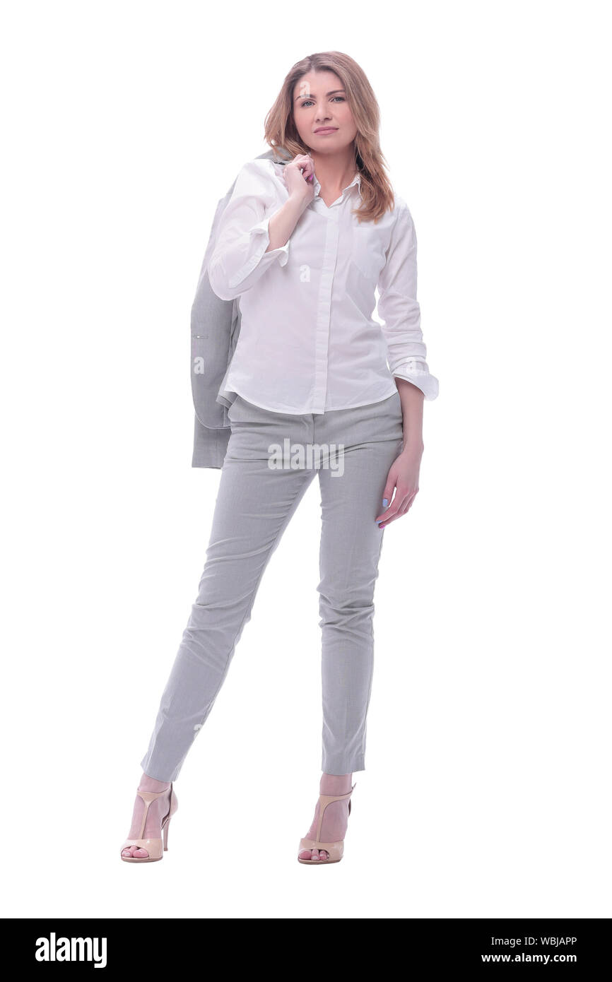 Junge Geschäftsfrau mit einer Jacke über die Schulter. isoliert auf weißem Stockfoto