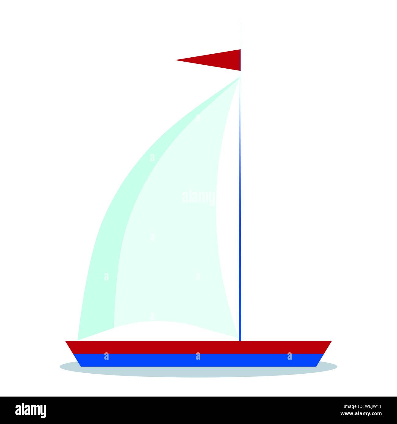 Symbol von Cartoon blaue und rote Segelboot mit einem Segel auf weißem Hintergrund. Stock Vektor