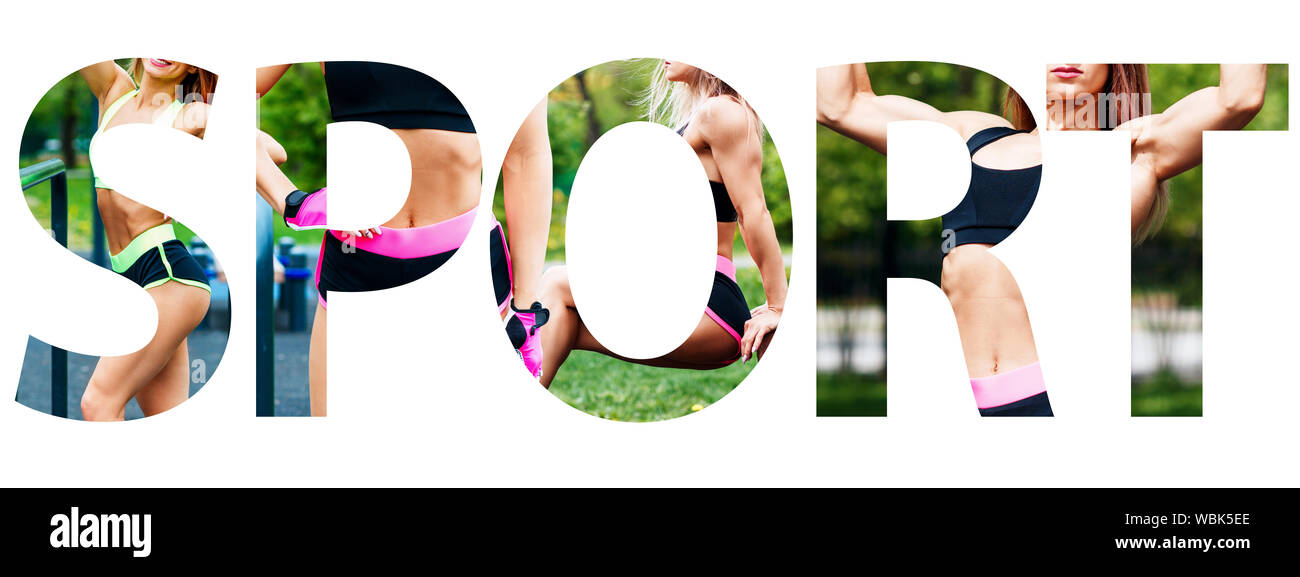 Kreative Collage von Muskel athletische Frau mit dem großen Wort SPORT. Frau in Sportswear demonstriert Ihr Körper über blauen Hintergrund. Stockfoto