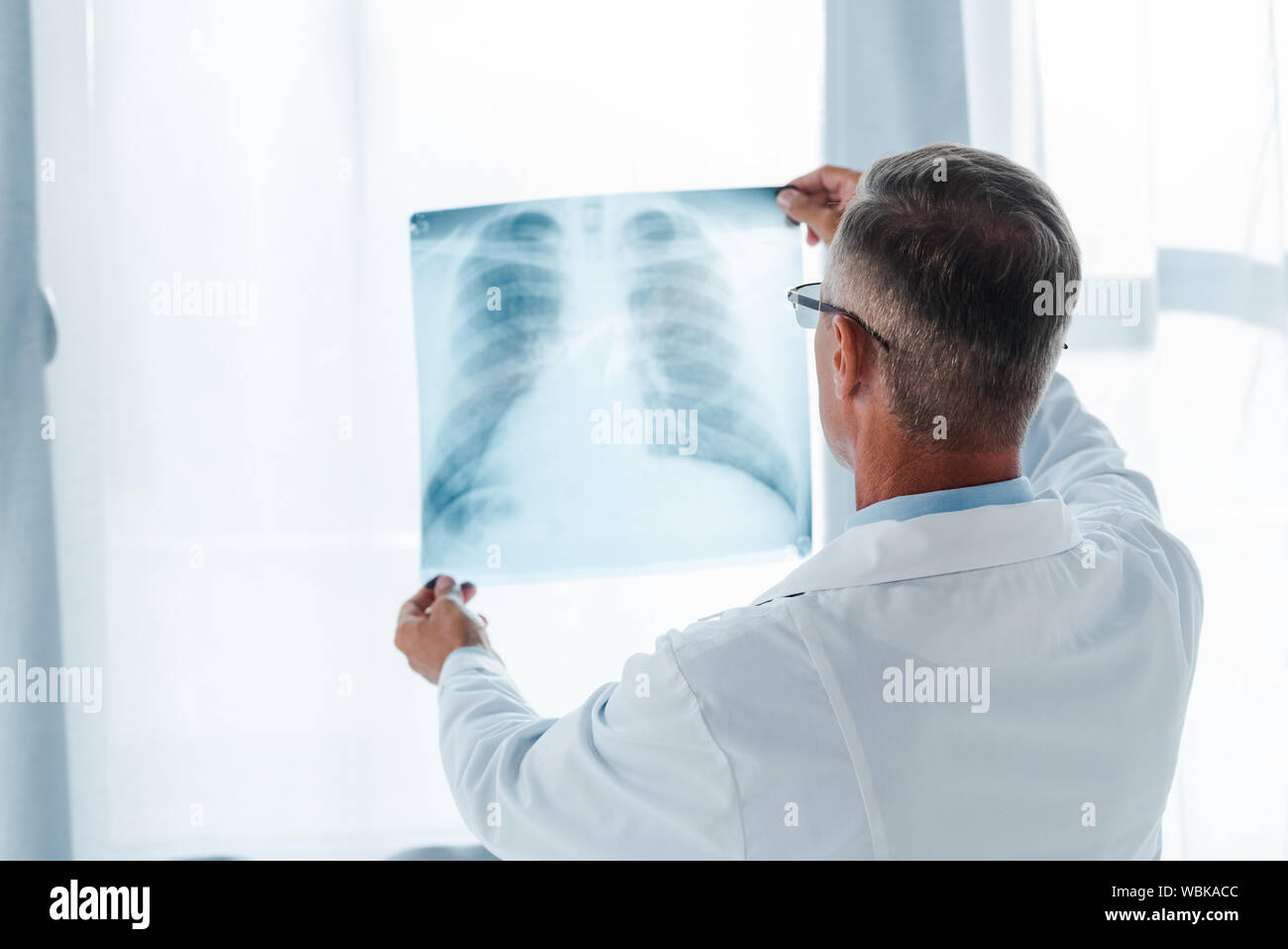 Rückansicht des Arzt im weißen Kittel Holding x-ray im Krankenhaus Stockfoto