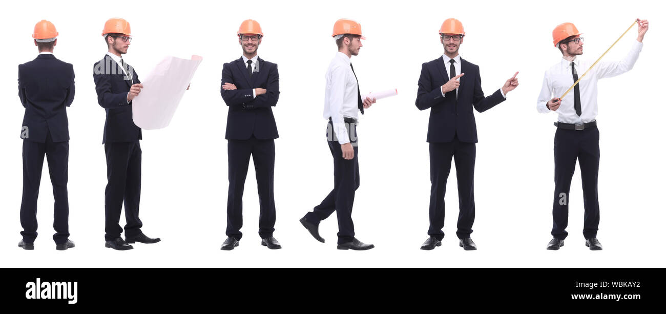 Panorama Foto Collage von qualifizierten Architekten isoliert auf weißem Stockfoto