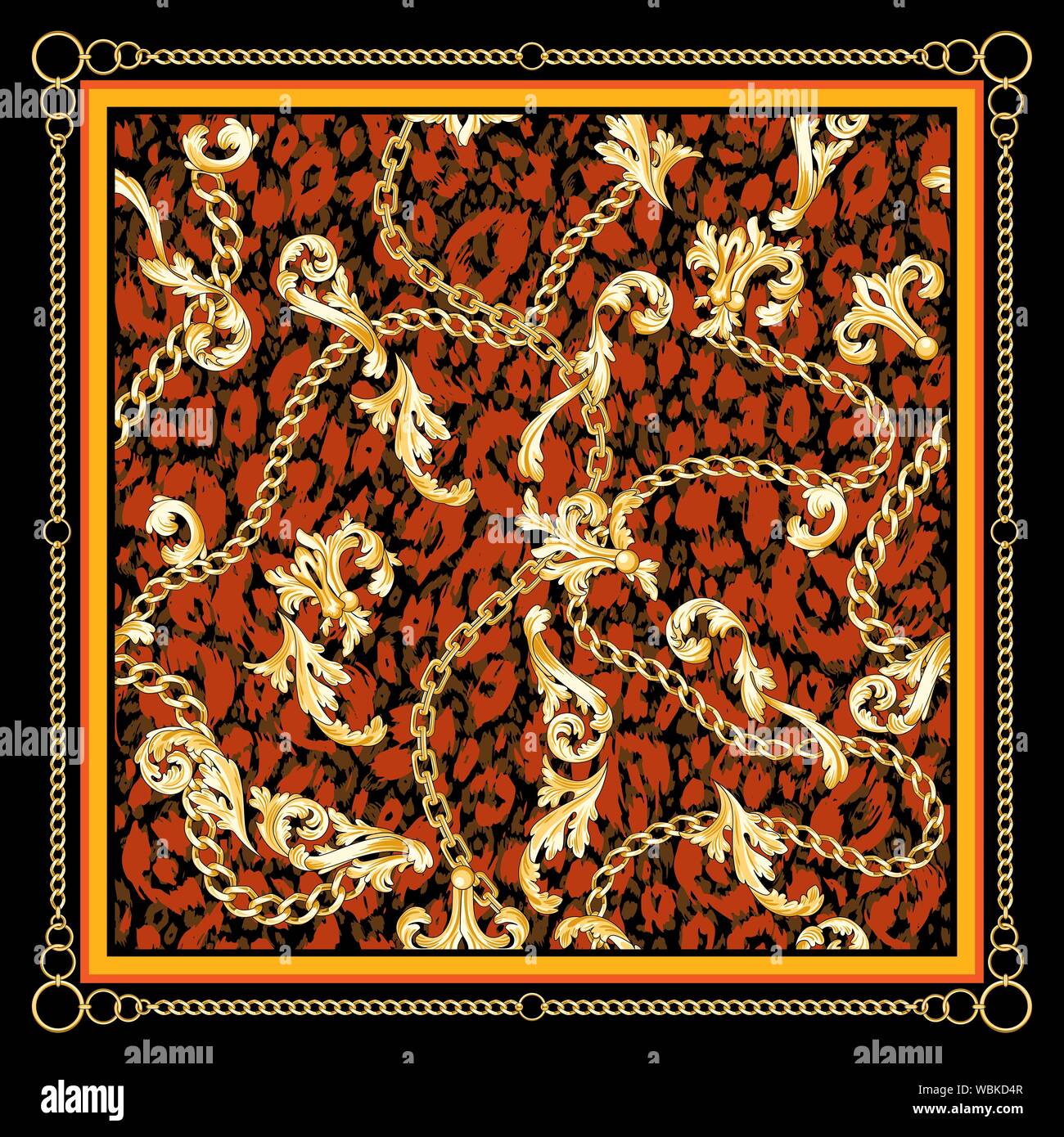 Retro Design carf mit gold Barock blüht und Ketten auf leopard Kulisse. Square Mode drucken. Vintage Muster. Stock Vektor