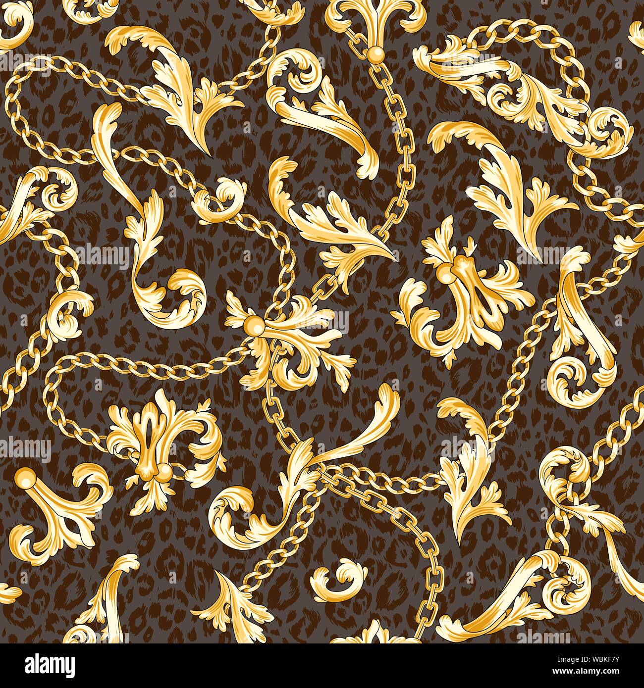 Gold barocke Elemente und Ketten auf Tier Hintergrund gemischt. Trendy nahtlose Muster. Stock Vektor