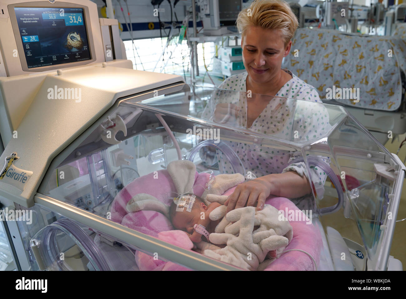 2 Mutter mit einem Ihrer Kinder in einem Inkubator, Intensivstation für Neugeborene, Karlsbad, Tschechische Republik Stockfoto