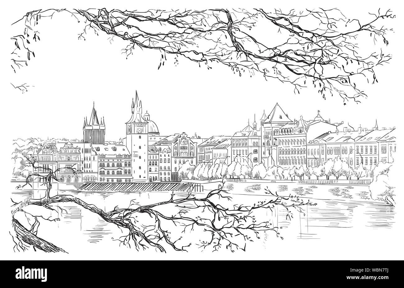 Vektor hand Zeichnung Abbildung: Prager Altstadt Panorama, Moldau. Wahrzeichen von Prag, tschechische Republik. Vector Illustration in der Farbe schwarz iso Stock Vektor