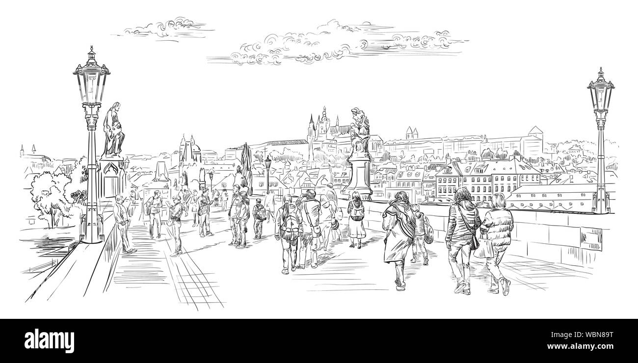 Vektor hand Zeichnung Abbildung der Charles Brücke und Panorama von Prag. Wahrzeichen von Prag, tschechische Republik. Vector Illustration in der Farbe schwarz iso Stock Vektor