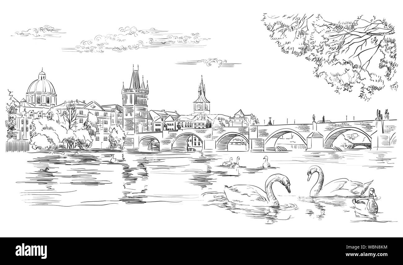 Vektor hand Zeichnung Abbildung Stadtbild von der Karlsbrücke und Schwänen in Moldau in Prag. Wahrzeichen von Prag, tschechische Republik. Vektor Lllustrat Stock Vektor
