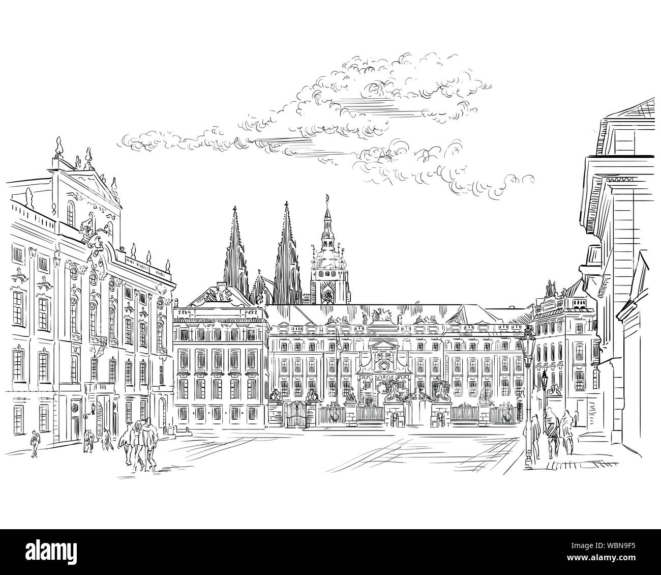 Vektor hand Zeichnung Abbildung: Hradschin Platz. Die zentralen Tor der Burg Hradcany. Wahrzeichen von Prag, tschechische Republik. Vector Illustration Stock Vektor