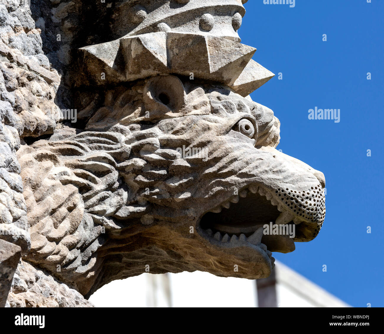 Gargoyle die Skulptur des Lion's Head, Pena, Sintra, Portugal. Stockfoto