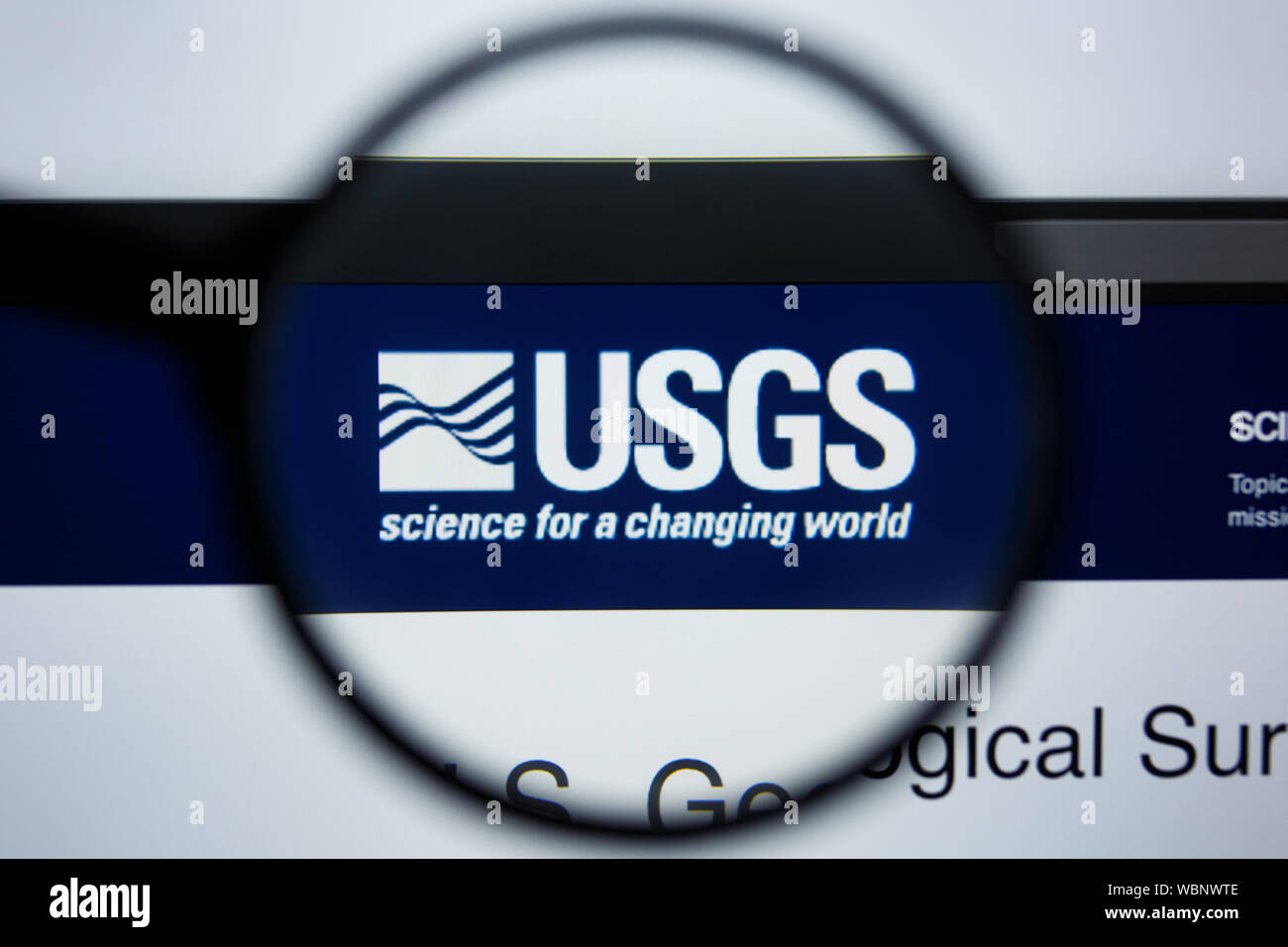 Los Angeles, Kalifornien, USA - 21. Jule2019: Illustrative Leitartikel der United States Geological Survey Website Homepage. UnitedStatesGeologicalSurvey Logo sichtbar auf dem Anzeigebildschirm angezeigt. Stockfoto