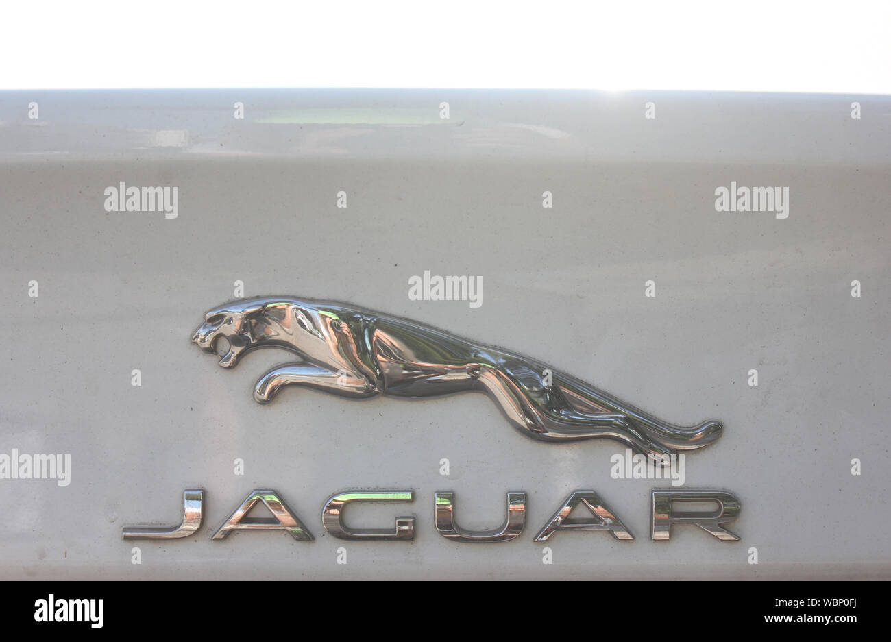 Jaguar Logo auf dem Kofferraum des britischen Luxuswagens. Stockfoto