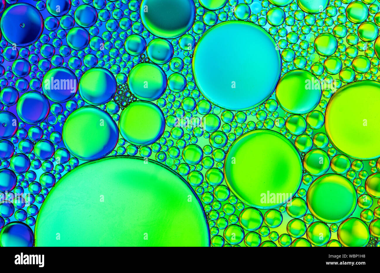 Mehrfarbige Blasenmuster, die durch auf Wasser schwimmendes Öl entstehen Stockfoto