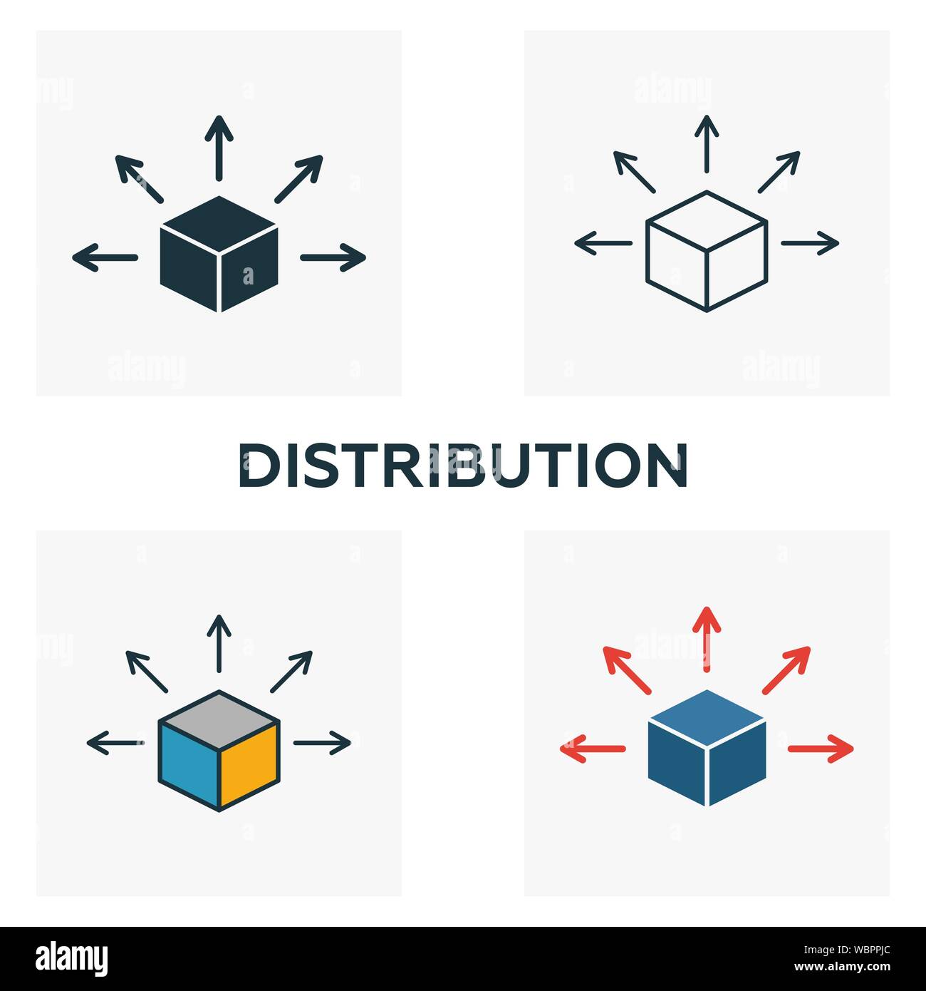 Verteilung Icon Set. Vier Elemente in verschiedenen Stilen aus blockchain icons Collection. Kreative Verteilung Icons, Outline, farbige und Stock Vektor