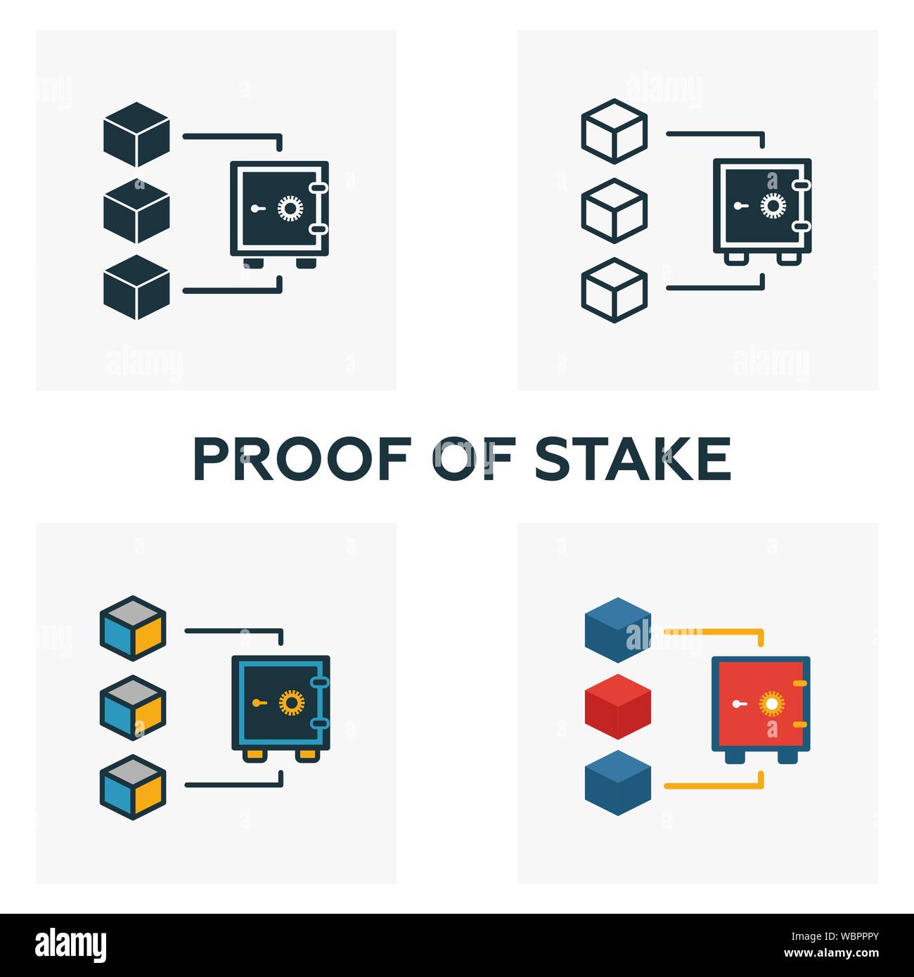 Nachweis der Beteiligung Icon Set. Vier Elemente in verschiedenen Stilen aus blockchain icons Collection. Kreative Nachweis der Beteiligung Icons, Outline, farbige und Stock Vektor