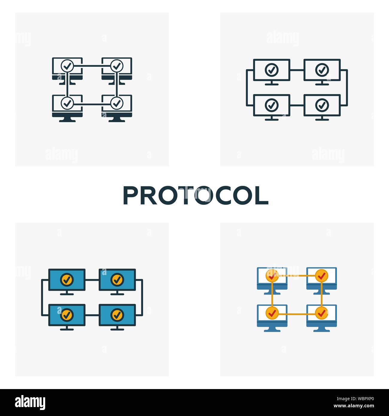 Protokoll Icon Set. Vier Elemente in verschiedenen Stilen aus blockchain icons Collection. Kreative Protokoll Icons, Outline, farbige und flach Stock Vektor