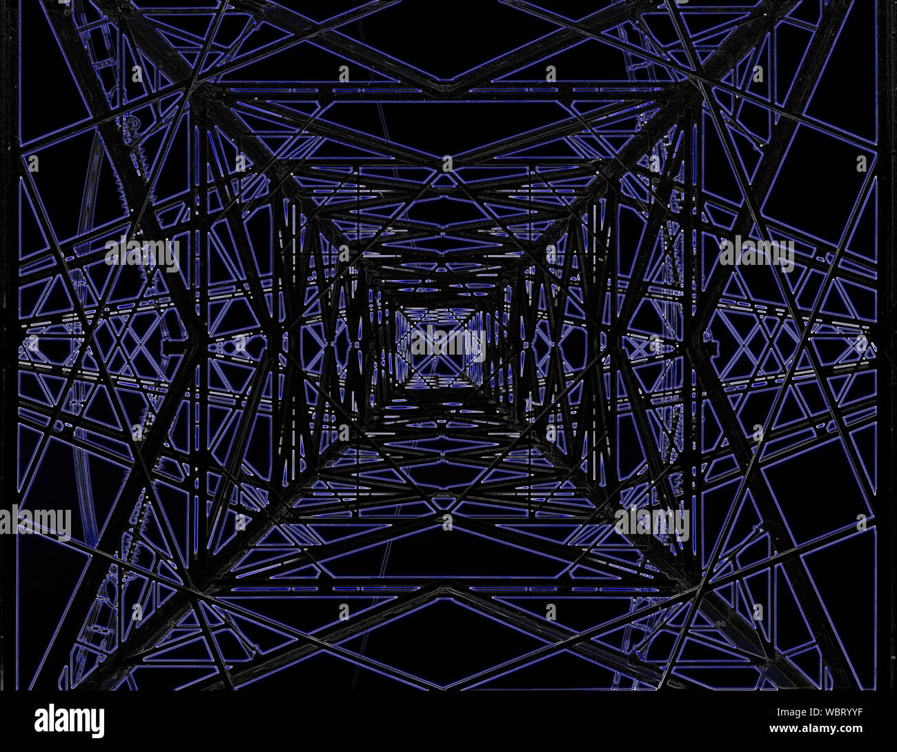 Wirkung shot Suchen in einen Strom Pylon mit digitaler Kunst und blaues Leuchten Stockfoto