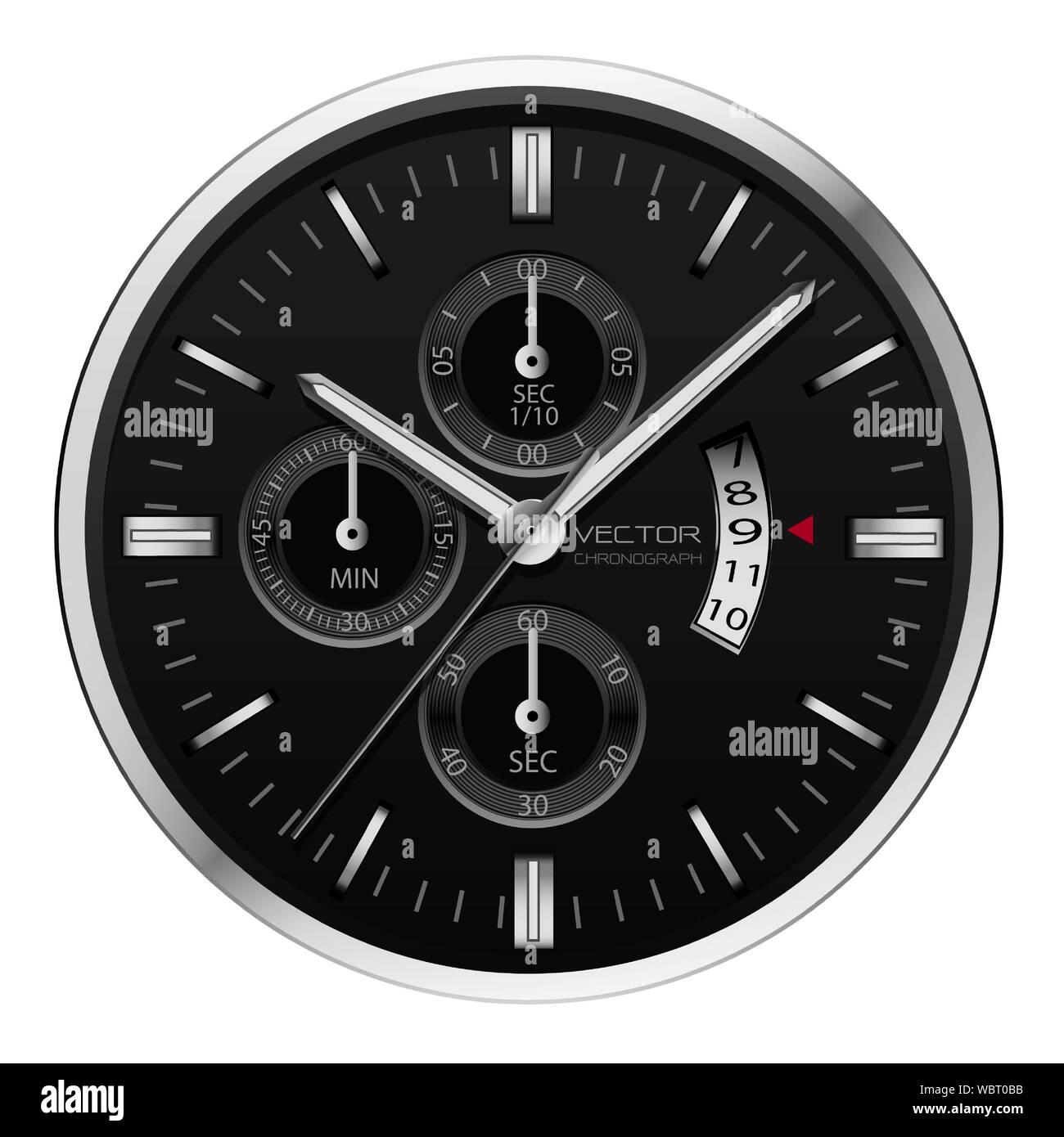 Realistische schwarz silber Uhr watch Chronograph auf weißem Hintergrund Vector Illustration. Stock Vektor