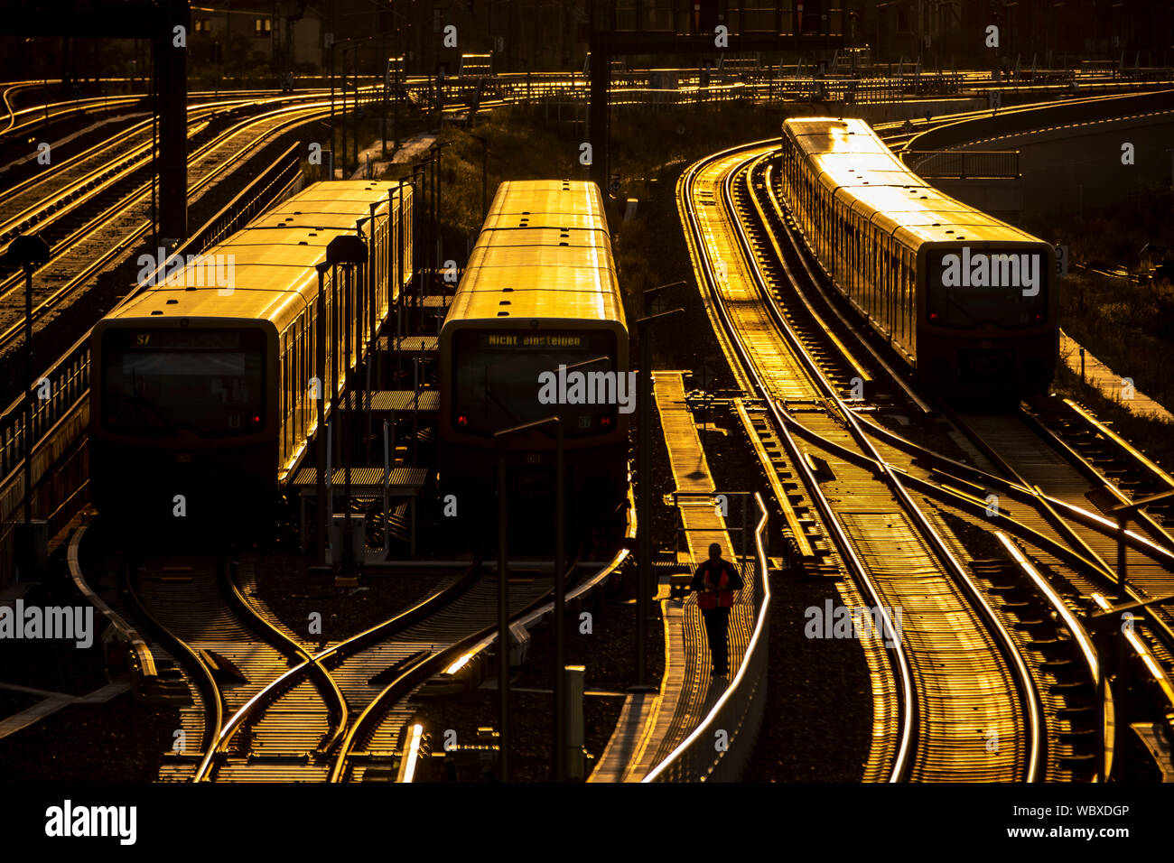 Gleisanlagen im Bahnhof Warschauer Straße im Abendlicht, S-Bahn, Nahverkehrszüge, Berlin Stockfoto