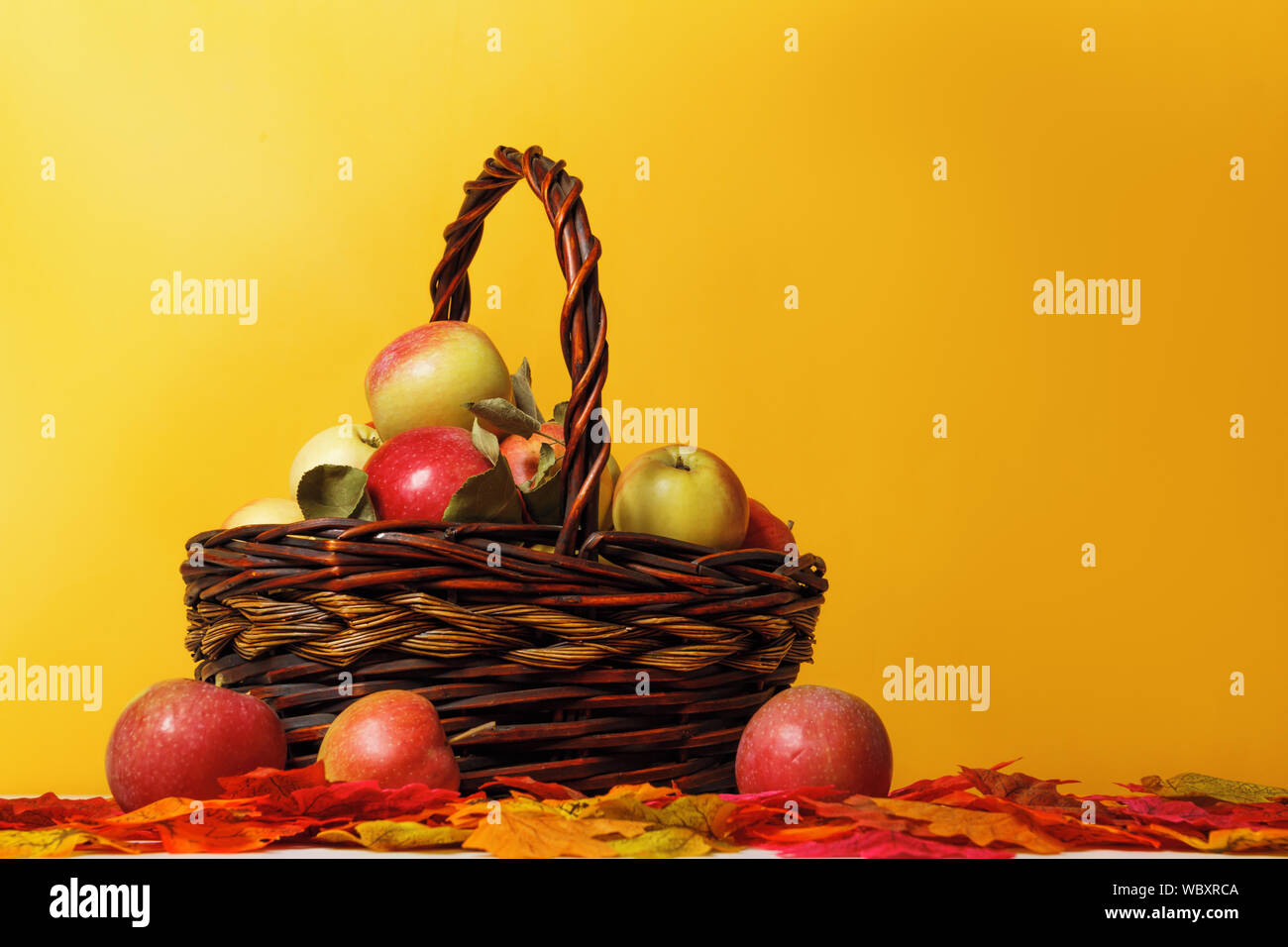 Die Ernte. Äpfel in einem Korb auf Herbst Blätter auf einem gelben Hintergrund. Stockfoto