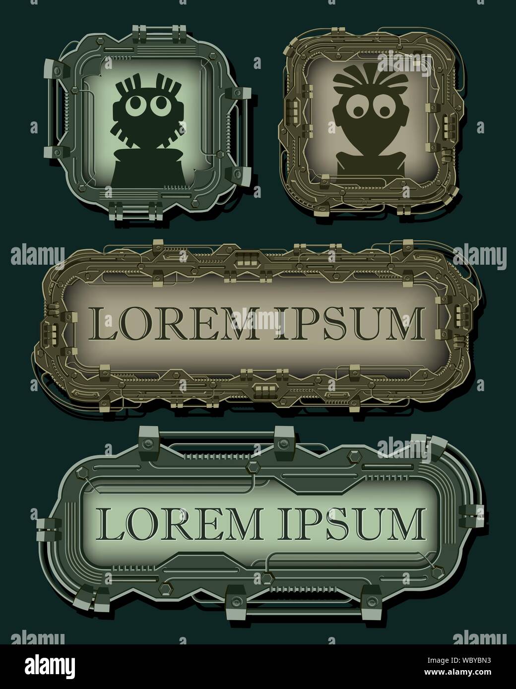 Grafische Ressourcen gesetzt. Hintergrund für Banner, Avatar, Header und mehr. Mechanische fantastische Steampunk Banner mit kopieren. Stock Vektor