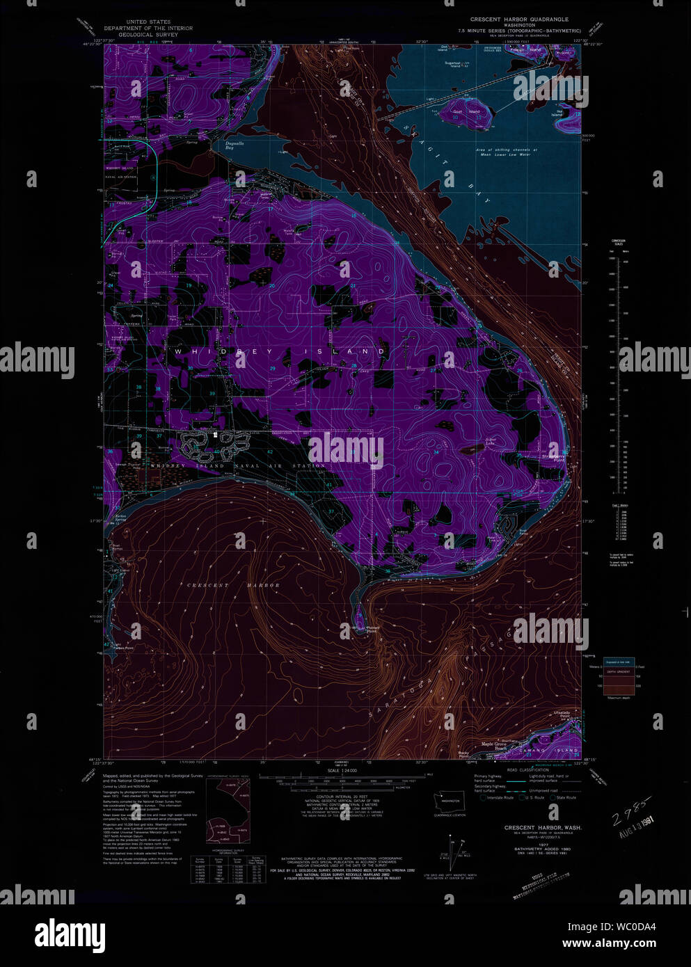 USGS Topo Karte Staat Washington WA Halbmond Hafen 240734 1977 24000 invertiert Wiederherstellung Stockfoto USGS Topo Karte Staat Washington WA Halbmond Hafen 240734 1977 24000 invertiert Wiederherstellung Stockfoto