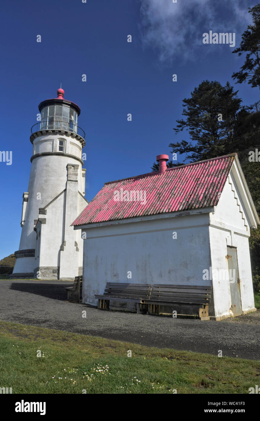 Auf der Oregon Küste, Heceta Head Lighthouse sitzt auf Felsen, auf Heceta Head, in der Nähe von Cape Perpetua, nördlich von Florenz Stockfoto