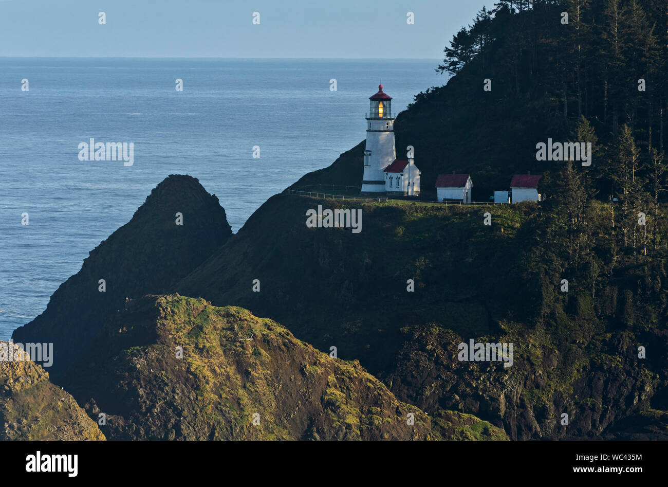 Auf der Oregon Küste, Heceta Head Lighthouse auf Klippen mit Blick auf den einsamen Strand sitzt, als von uns 101 gesehen, die Pazifikküste Scenic Byway. Stockfoto
