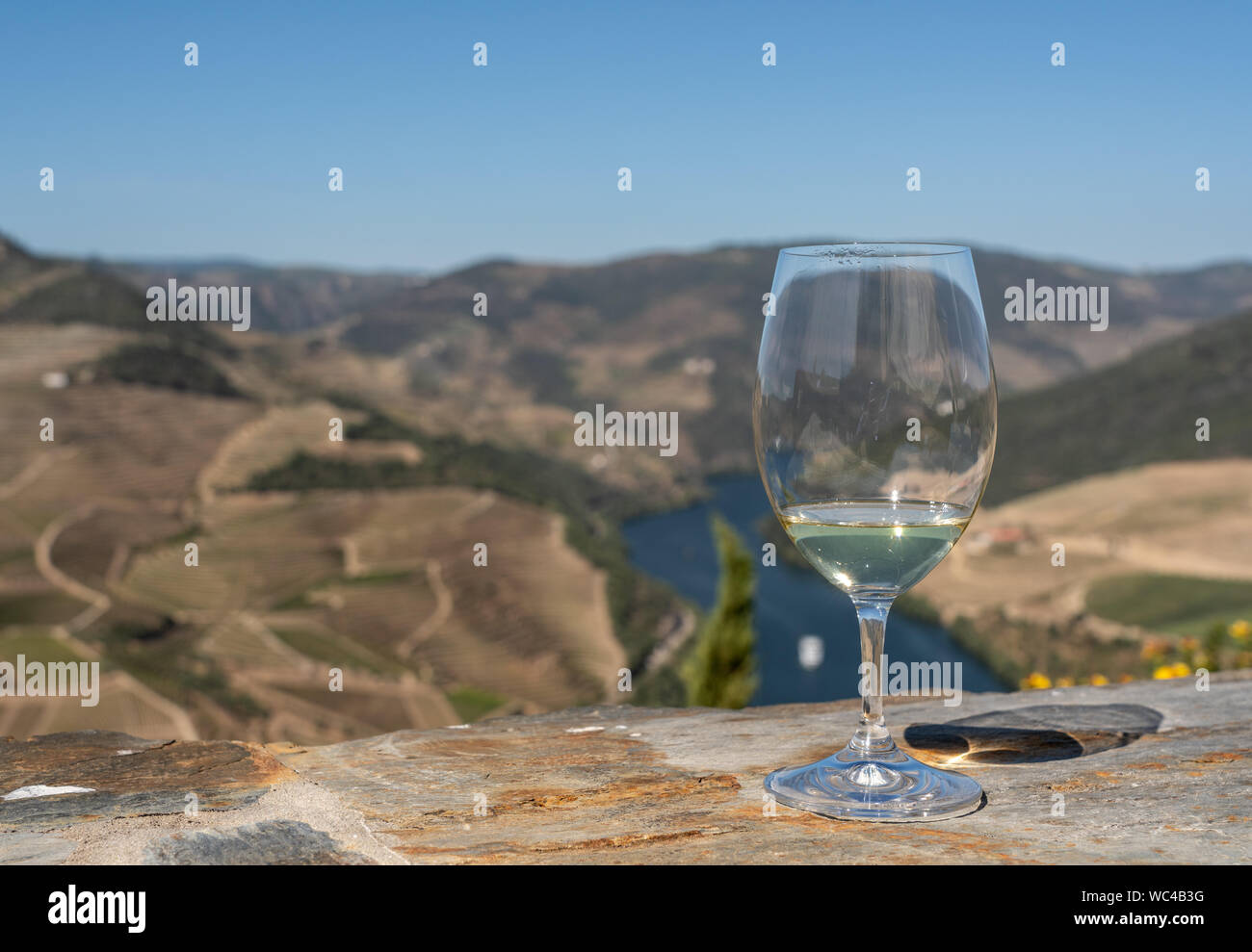 Glas Weißwein über dem Tal des Flusses Douro in Portugal Stockfoto
