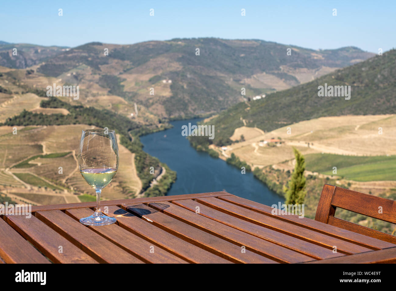 Glas Weißwein über dem Tal des Flusses Douro in Portugal Stockfoto