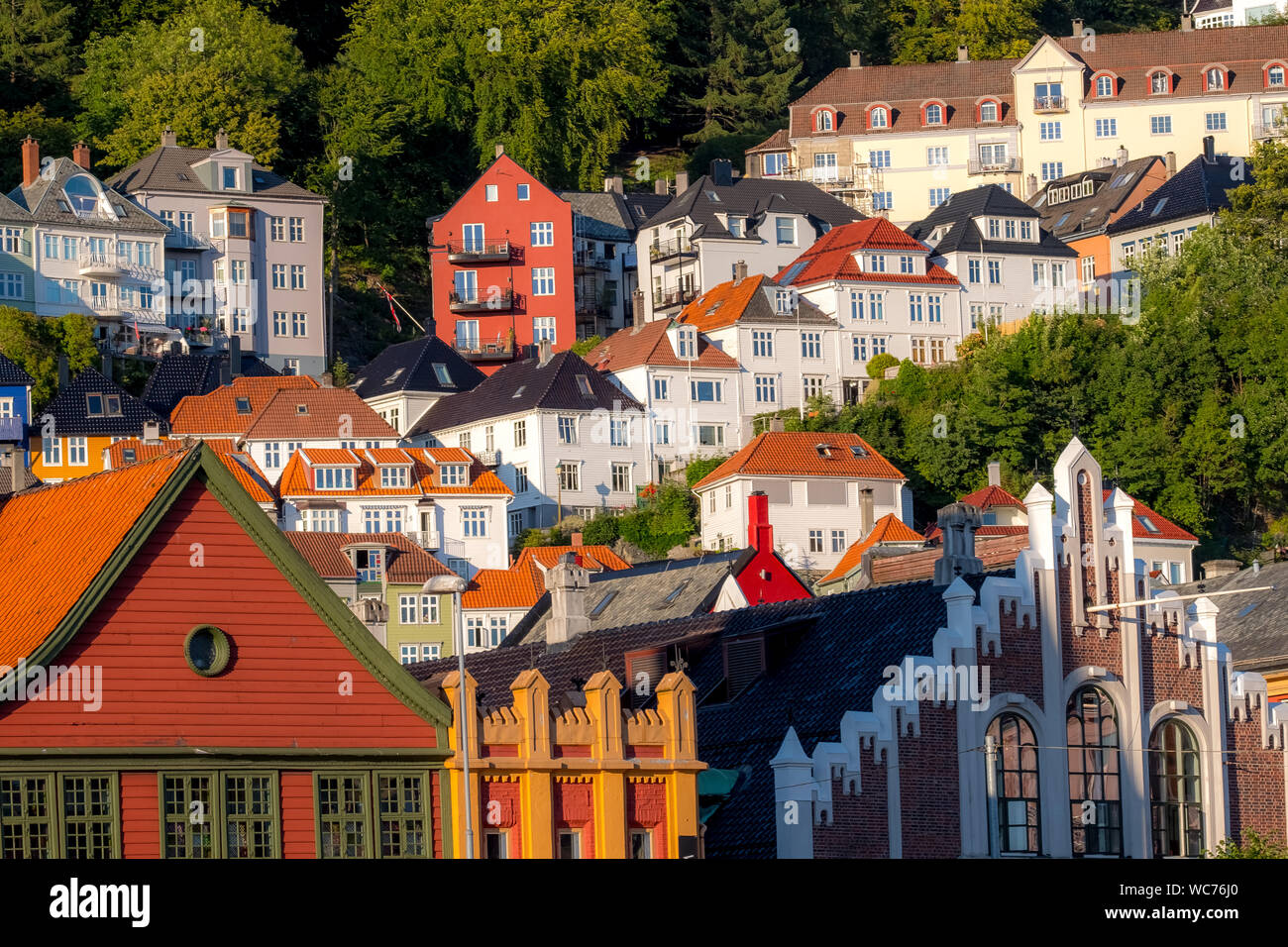 Bunte Häuser der Stadt Bergen, in der Nähe von Hafen, Bäumen, Bergen, Hordaland, Norwegen, Skandinavien, Europa, noch, Reisen, Tourismus, Destination, sightseein Stockfoto