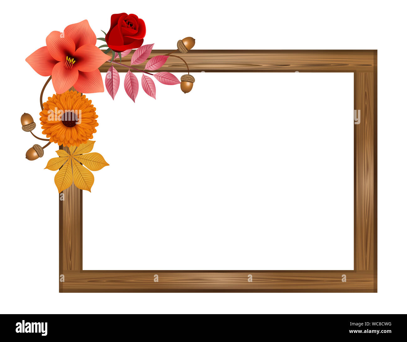 Herbst rectangula Holzrahmen mit Blumen und Blätter Stockfoto
