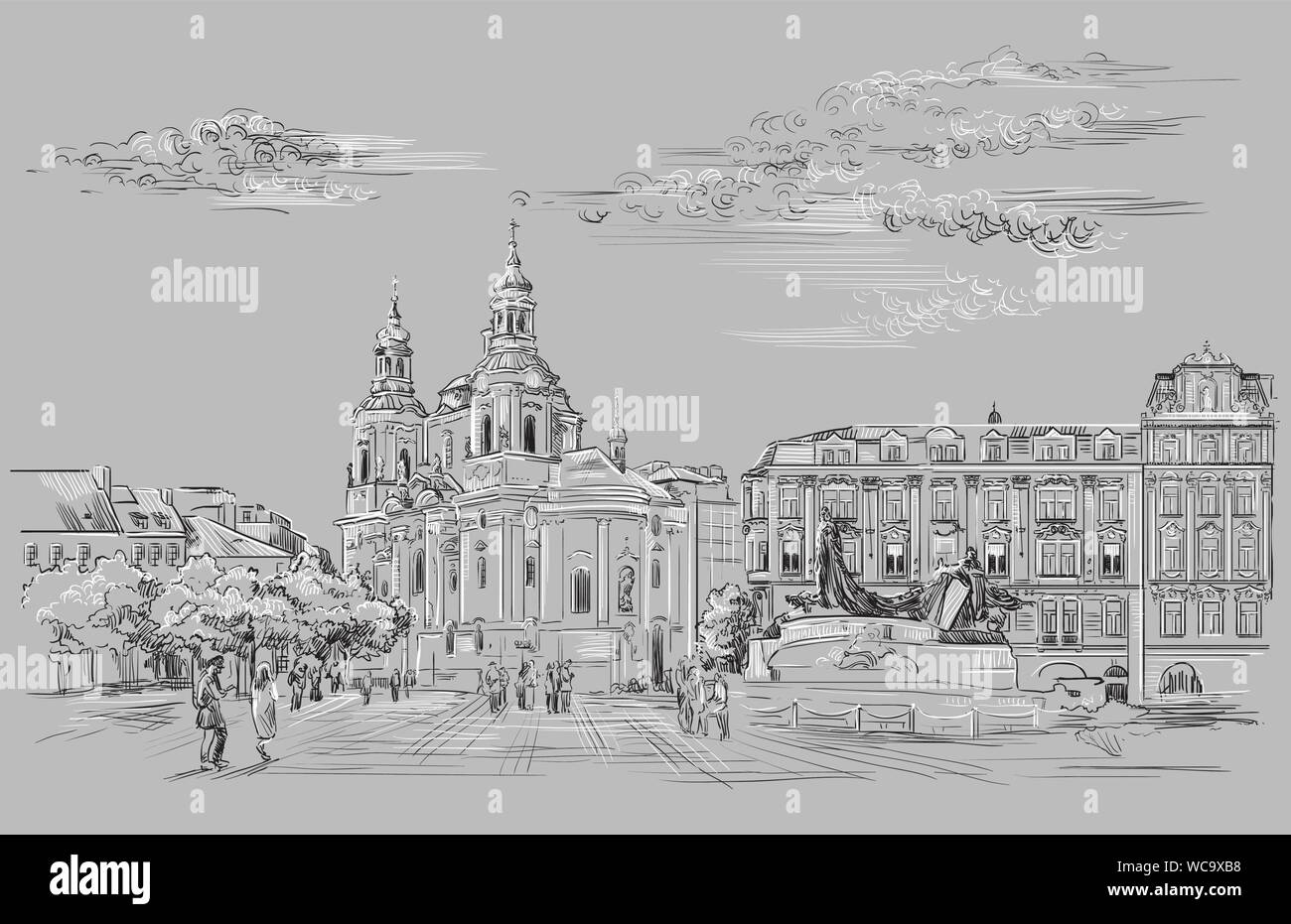 Vektor hand Zeichnung Abbildung. Stadtbild von St. Nicholas Kirche und Jan Hus Denkmal. Wahrzeichen von Prag, tschechische Republik. Vector Illustration in b Stock Vektor