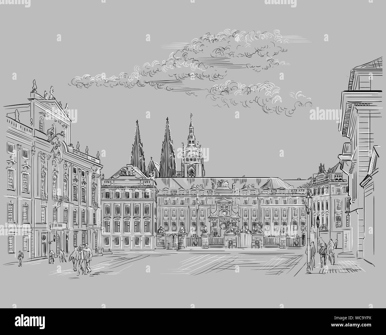 Vektor hand Zeichnung Abbildung: Hradschin Platz. Die zentralen Tor der Burg Hradcany. Wahrzeichen von Prag, tschechische Republik. Vector Illustration Stock Vektor