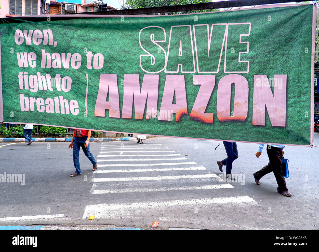 Speichern Amazon Banner hängt vor dem Brasilien dem Konsulat während des Protestes in Kalkutta. Brasiliens Präsident Jair Bolsonaro bedroht 20 Millionen $ von der Gruppe der Sieben Länder zu verweigern, um Brände in Amazon, die das Szenario in der letzten Zeit schwieriger Kampf. Stockfoto