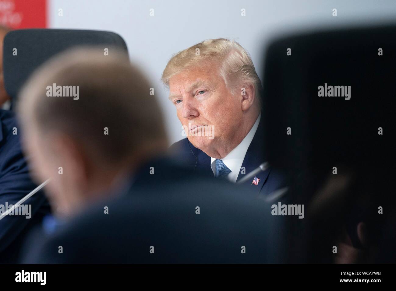 Us-Präsident Donald Trump während des G7-Sitzung über die Partnerschaft mit Afrika im Mittelpunkt de Congrés Bellevue August 25, 2019 in Biarritz, Frankreich. Stockfoto